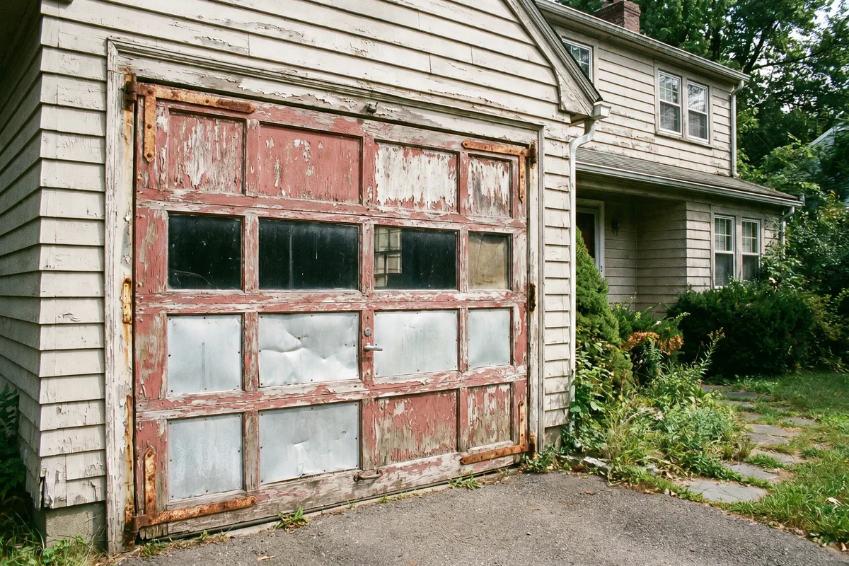Old, damaged garage door before replacement — Rapid Garage Door Services, Hudson Valley NY