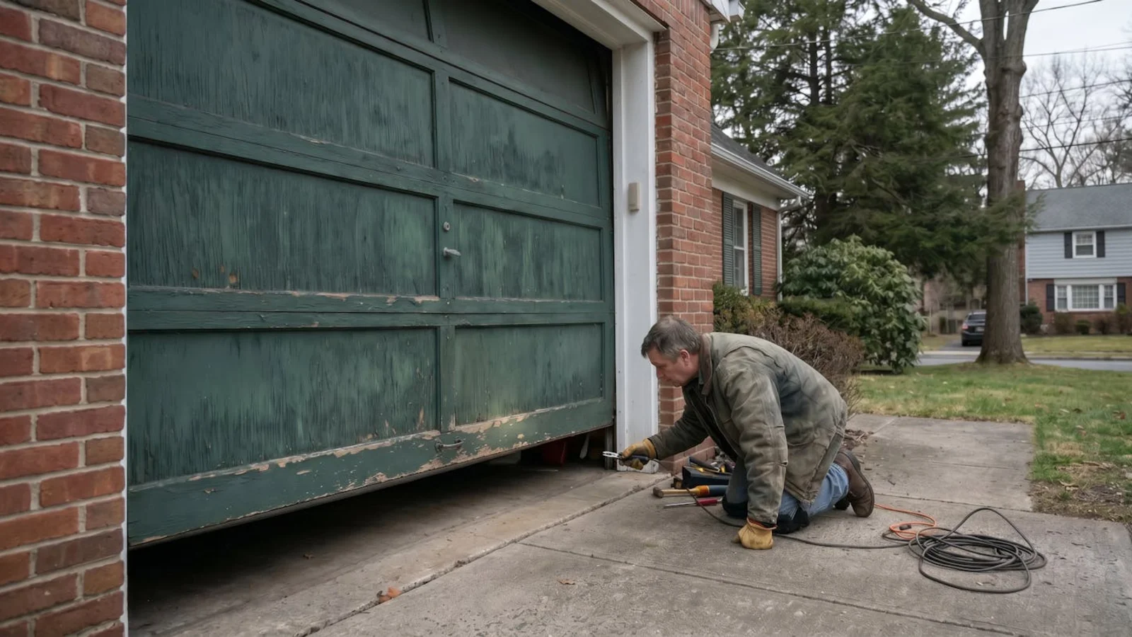 Homeowner inspecting a garage door stuck partially open — Rapid Garage Door Services, Hudson Valley NY
