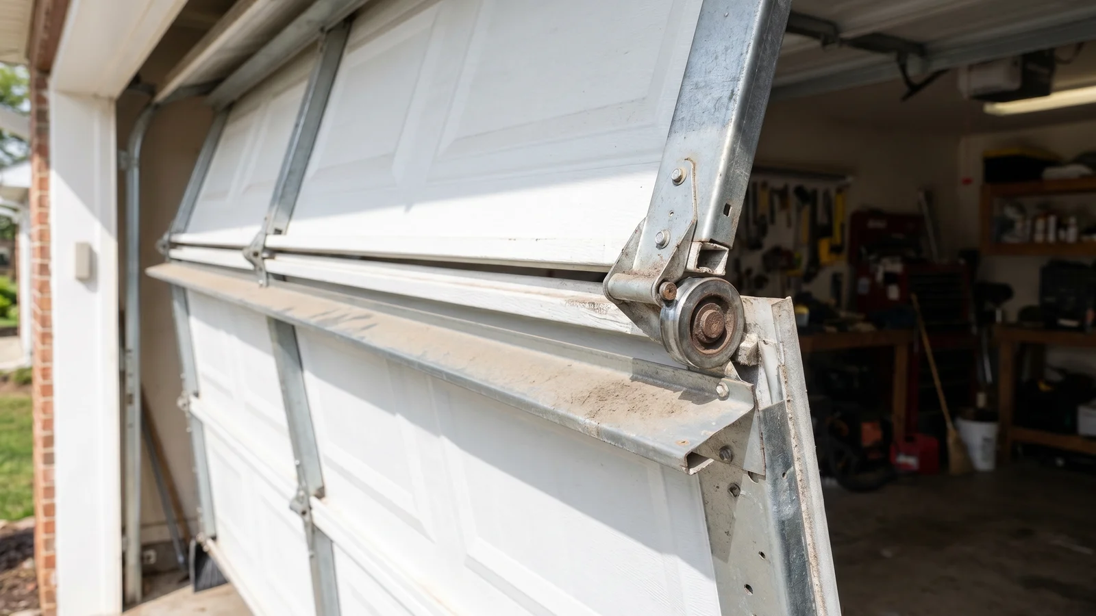Garage door roller visibly detached from its track — Rapid Garage Door Services, Hudson Valley NY